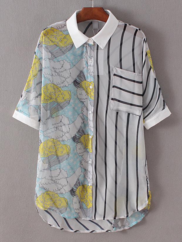 Romwe Multicolor Lapel Printed High Low Sheer Blouse
