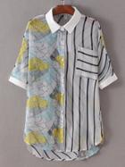 Romwe Multicolor Lapel Printed High Low Sheer Blouse