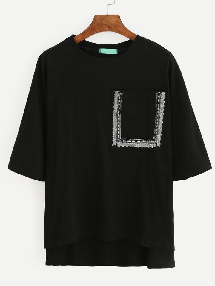 Romwe Black Tribal Print Dip Hem Patch Pocket T-shirt