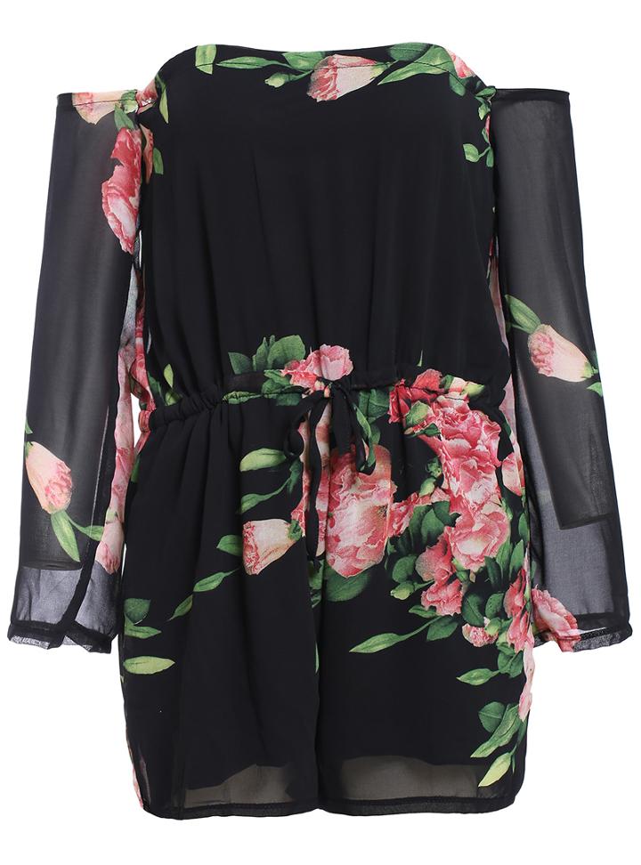 Romwe Off-shoulder Floral Chiffon Jumpsuit