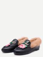 Romwe Black Rose Embroidered Pu Fur Trim Loafer Shoes