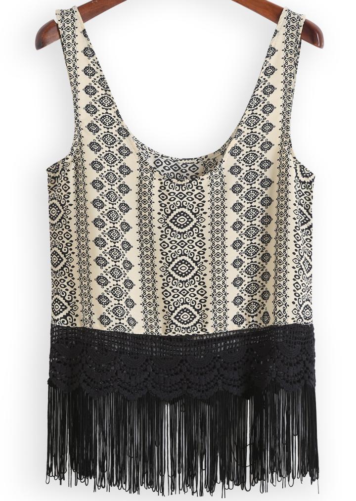 Romwe Vintage Floral Tassel Cami Top