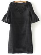 Romwe Black Flowers V Neck Bell Sleeve Hollow Dress