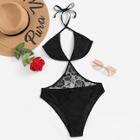 Romwe Contrast Lace Cut-out Halter Monokini