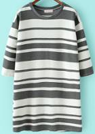 Romwe Round Neck Striped Loose Dark Grey Dress