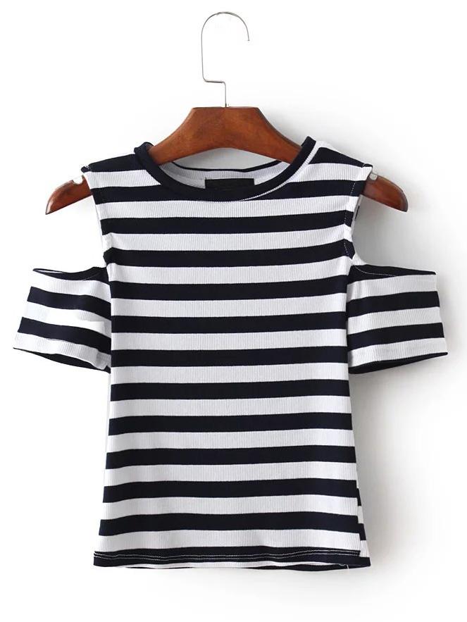 Romwe Navy Cold Shoulder Striped T-shirt
