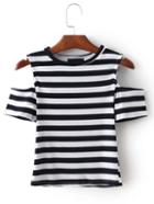 Romwe Navy Cold Shoulder Striped T-shirt