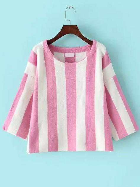 Romwe Crew Neck Vertical Striped Pink Knitwear