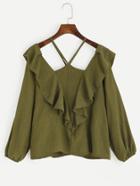 Romwe Olive Green V Halter Neck Cold Shoulder Ruffle Blouse