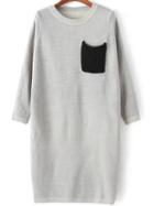 Romwe Long Sleeve Split Side Grey Sweater Dress With Pocket