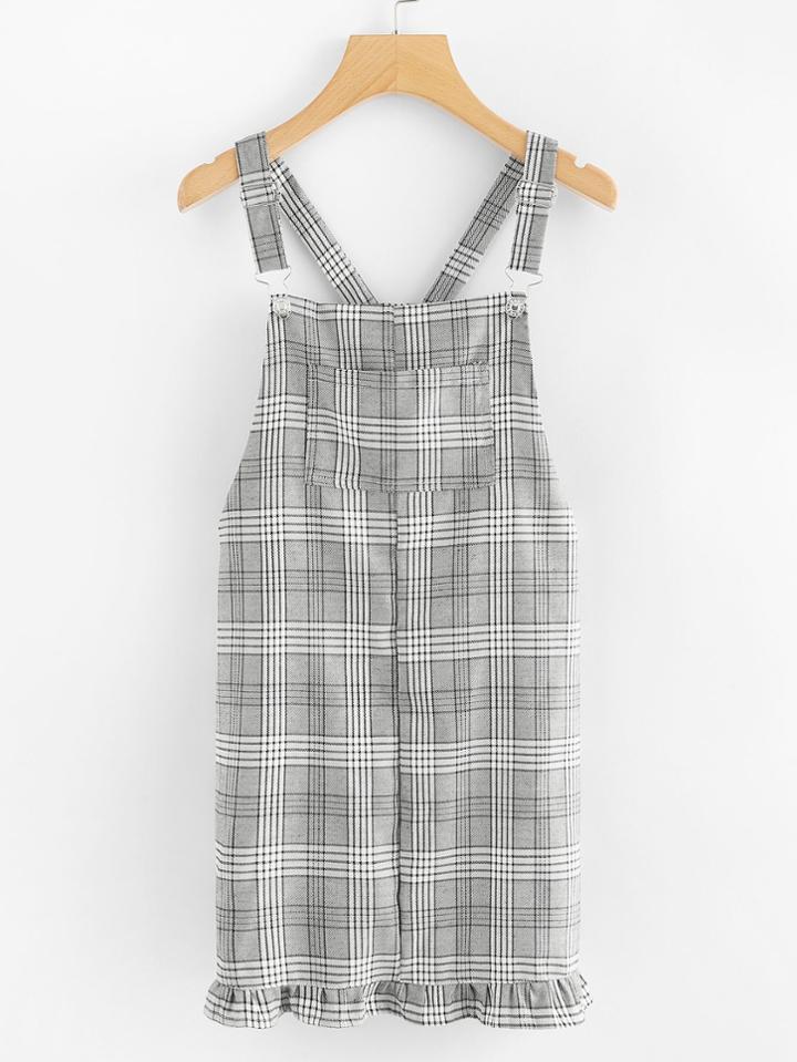 Romwe Frill Hem Pocket Front Checked Pinafore Dress