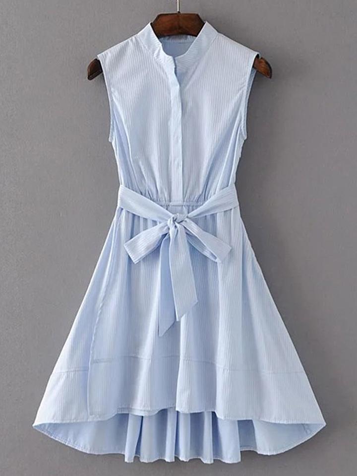 Romwe Pinstripe High Low Shirt Dress With Self Tie