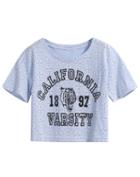 Romwe Galifornia Tiger Print Crop Blue T-shirt