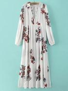 Romwe White V Neck Floral Lapel Chiffon Dress