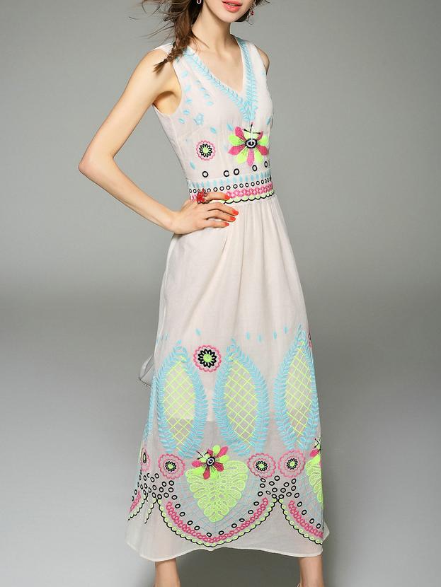 Romwe Apricot V Neck Embroidered Maxi Dress
