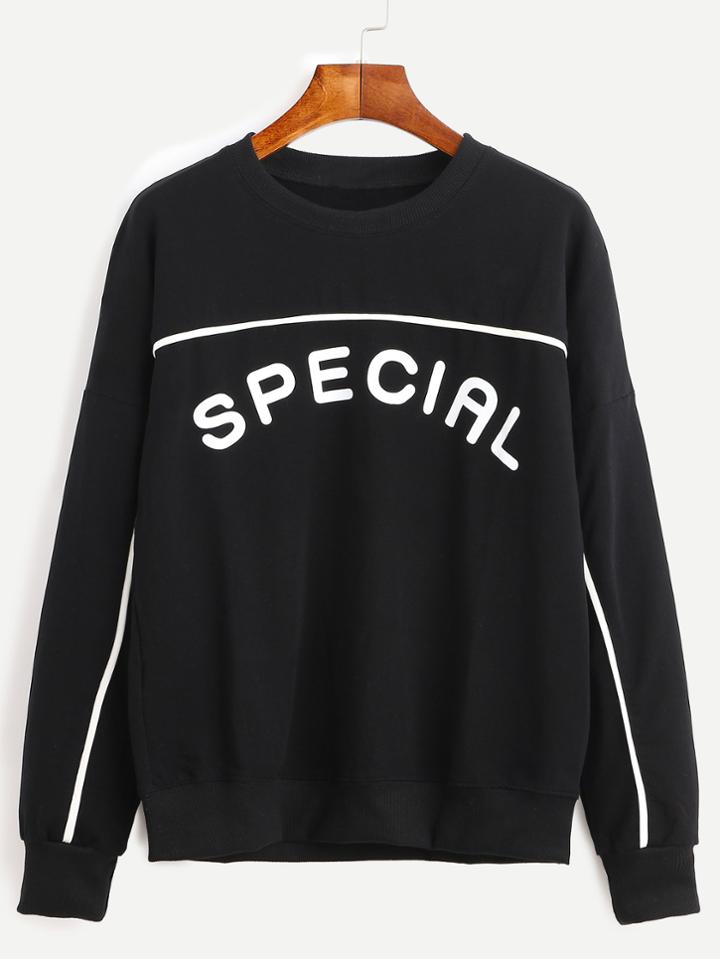 Romwe Black Letter Print Drop Shoulder Sweatshirt
