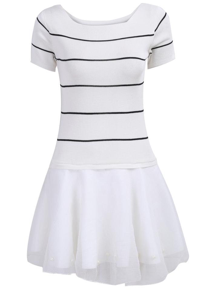 Romwe With Pearl Striped Organza Hem Dress