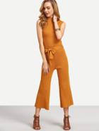 Romwe Yellow Stand Collar Ribbed Belt Top With Pants