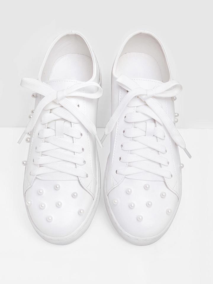 Romwe Faux Pearl Decorated Lace Up Sneakers