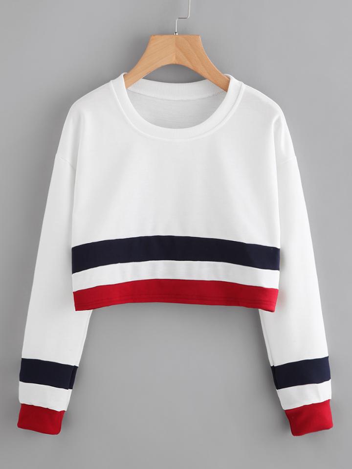 Romwe Striped Trim Crop Sweatshirt