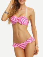 Romwe Striped Ruffle Trimmed Halter Bikini Set