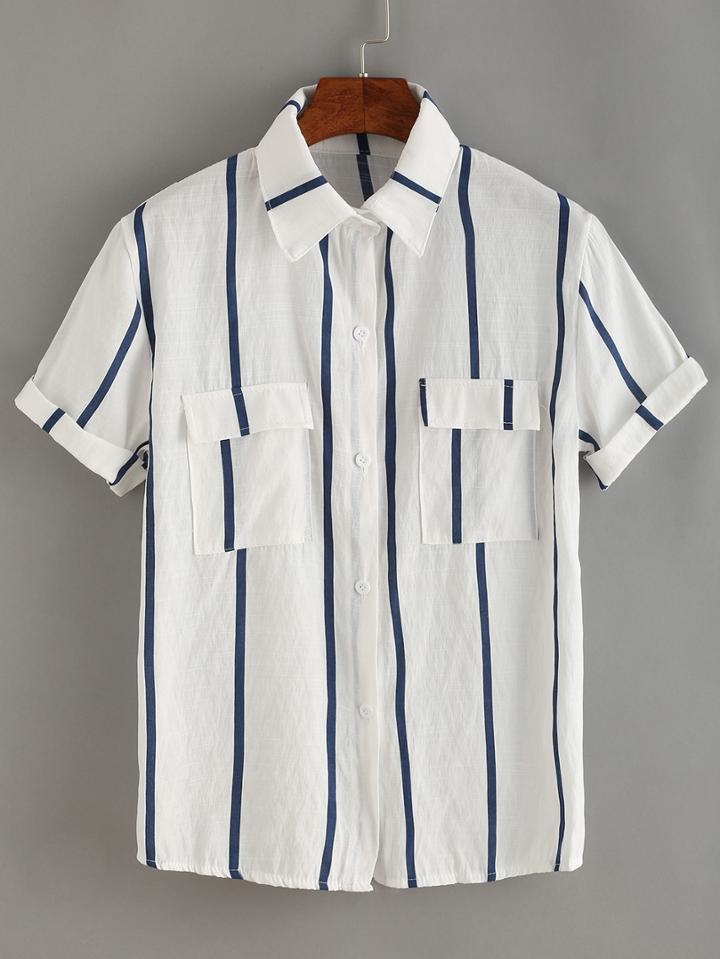 Romwe Vertical Stripe Flap Pocket Blouse