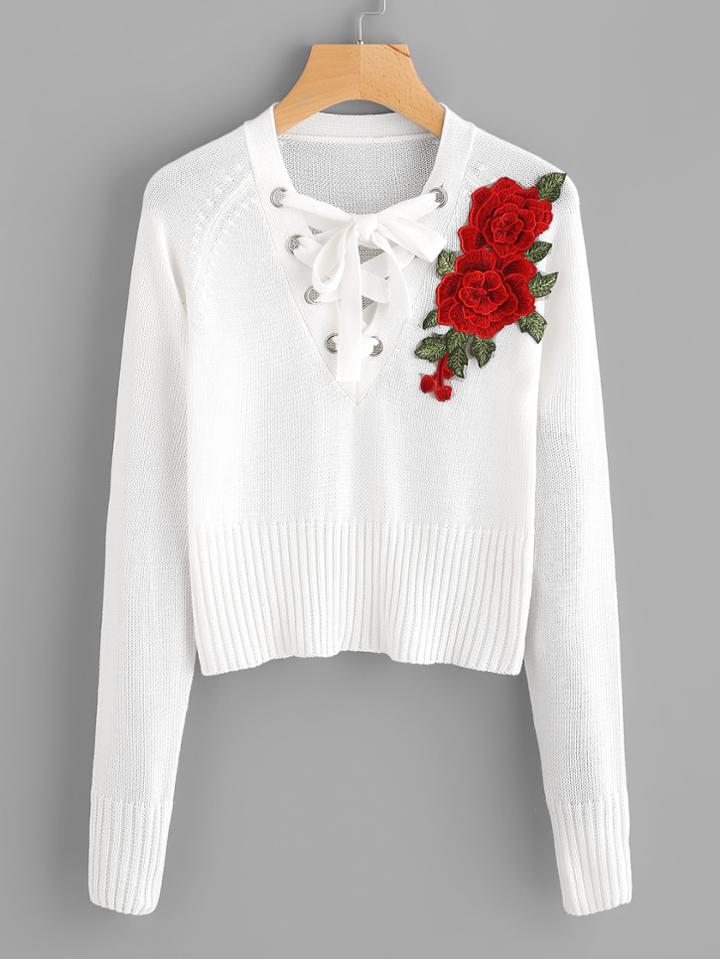 Romwe 3d Flower Applique Lace Up Jumper