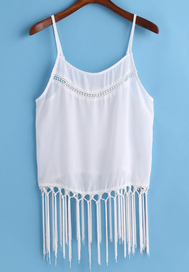 Romwe Spaghetti Strap With Tassel Chiffon White Cami Top