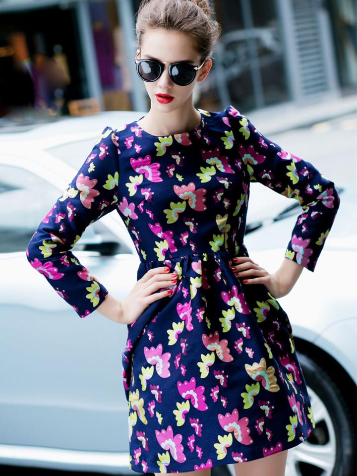 Romwe Pink Round Neck Long Sleeve Floral Print Dress