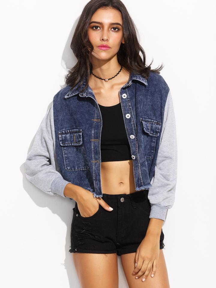 Romwe Blue Contrast Sleeve Raw Hem Denim Jacket