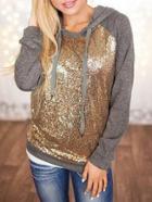 Romwe Hooded Drawstring Contrast Sequined Sweatshirt