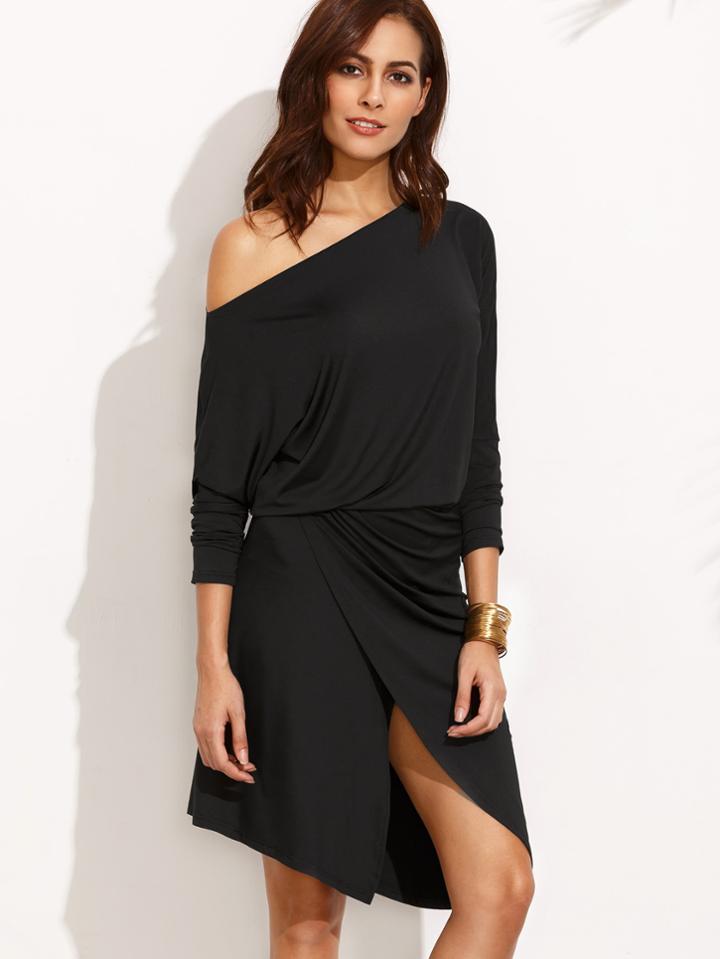 Romwe Oblique Shoulder Overlap Front Dress