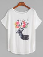 Romwe White Flower Deer Print T-shirt
