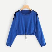 Romwe Ring Detail Tape Panel Crop Sweatshirt