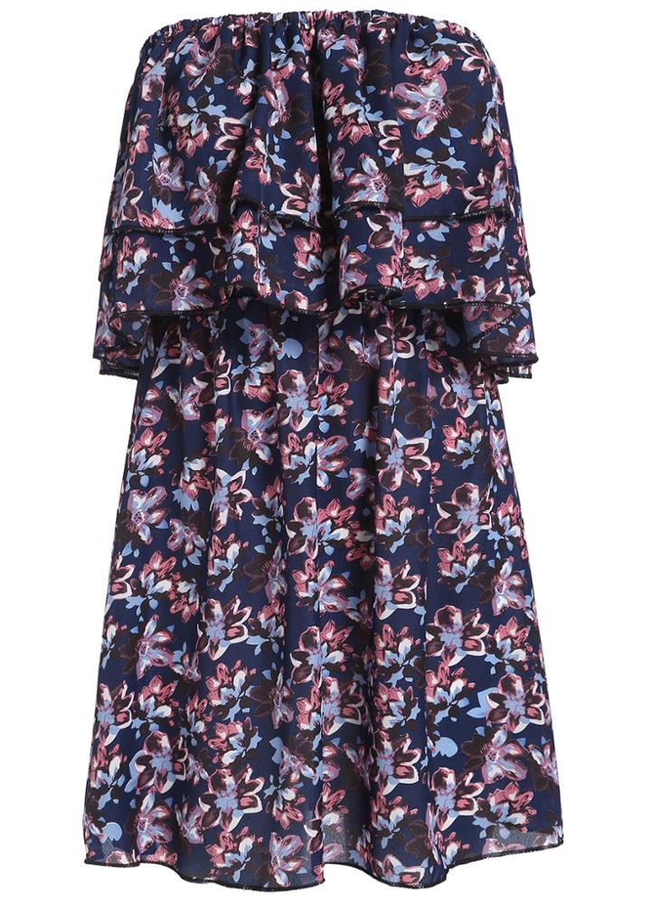 Romwe Strapless Ruffle Florals Chiffon Dress