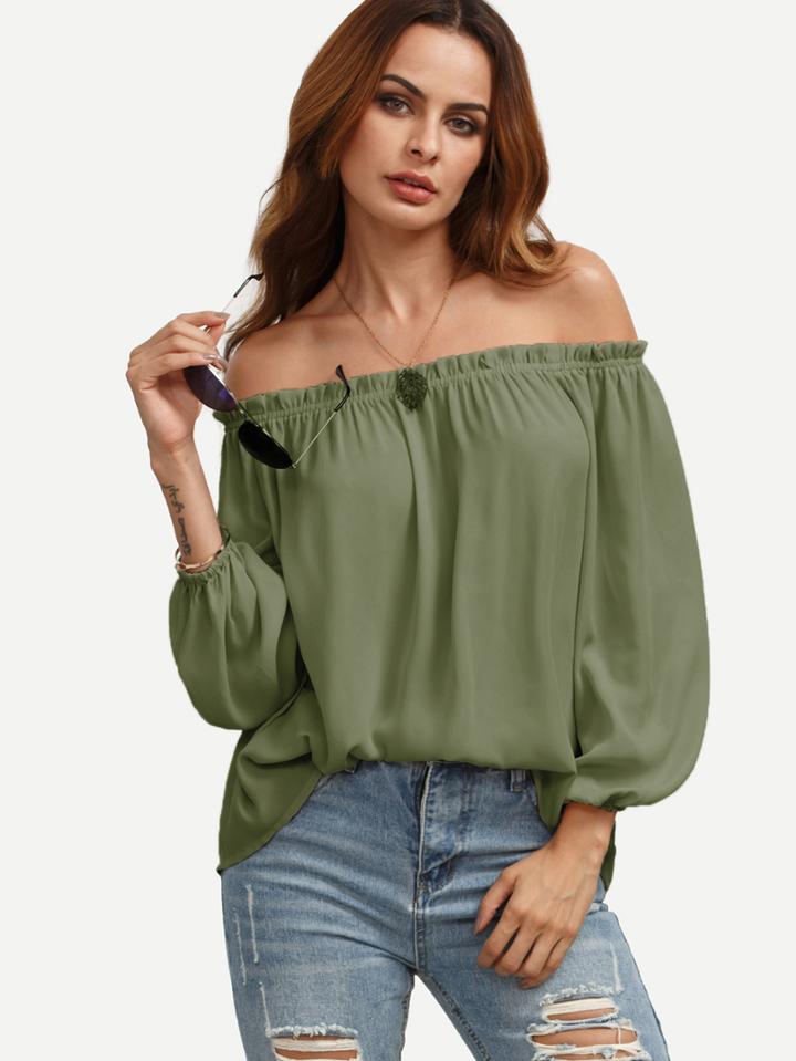Romwe Ruffle Off Shoulder Lantern Sleeve Top