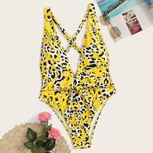 Romwe Leopard Open Back Criss-cross One Piece Swimsuit