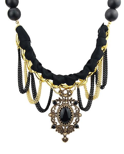 Romwe Gold Black Gemstone Chain Necklace