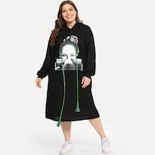 Romwe Plus Fringe Figure Print Hooded Dress