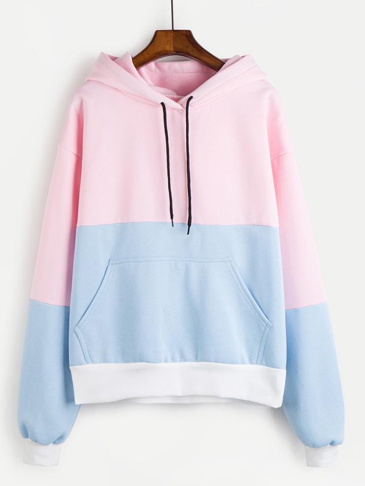 Romwe Color Block Kangaroo Pocket Hoodie