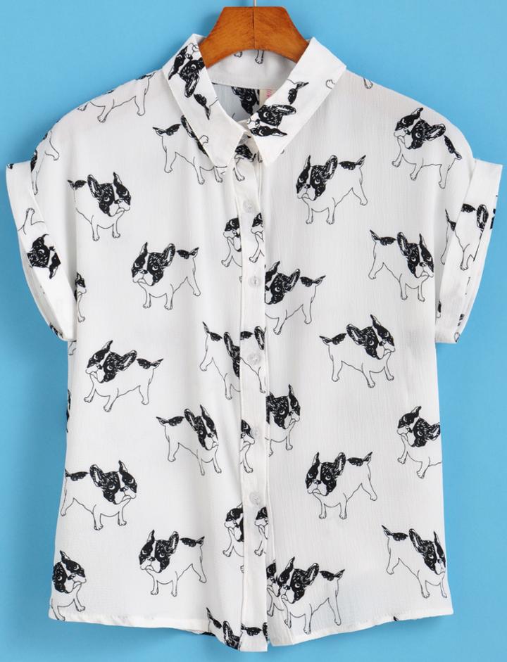 Romwe Lapel Dog Print Chiffon Blouse