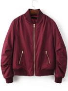 Romwe Burgundy Ribbed Trim Bomber Quilted Jacket