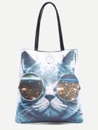 Romwe Cat Print Faux Leather Tote Bag