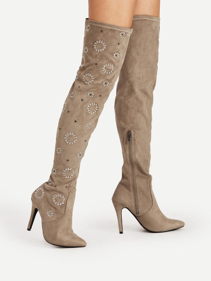 Romwe Rhinestone Flower Point Toe Thigh High Boots