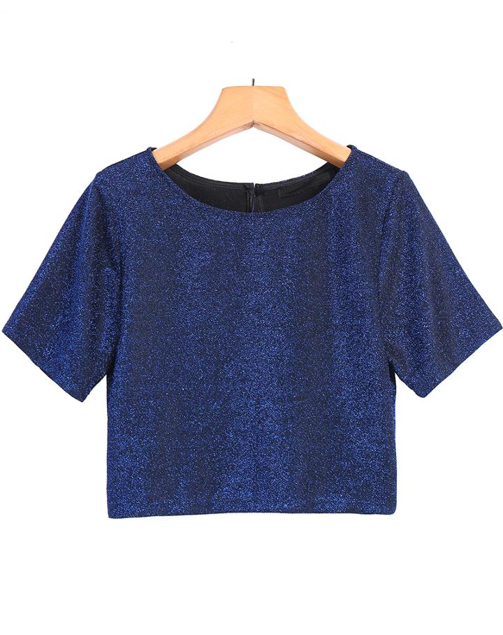 Romwe Round Neck Crop Blue T-shirt