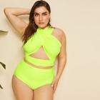 Romwe Plus Neon Lime Wrap Halter Top With High Waist Bikini