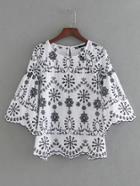 Romwe Bell Sleeve Wave Hem Embroidery Top