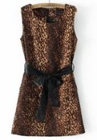 Romwe Leopard Print Sleeveless Belt Dress