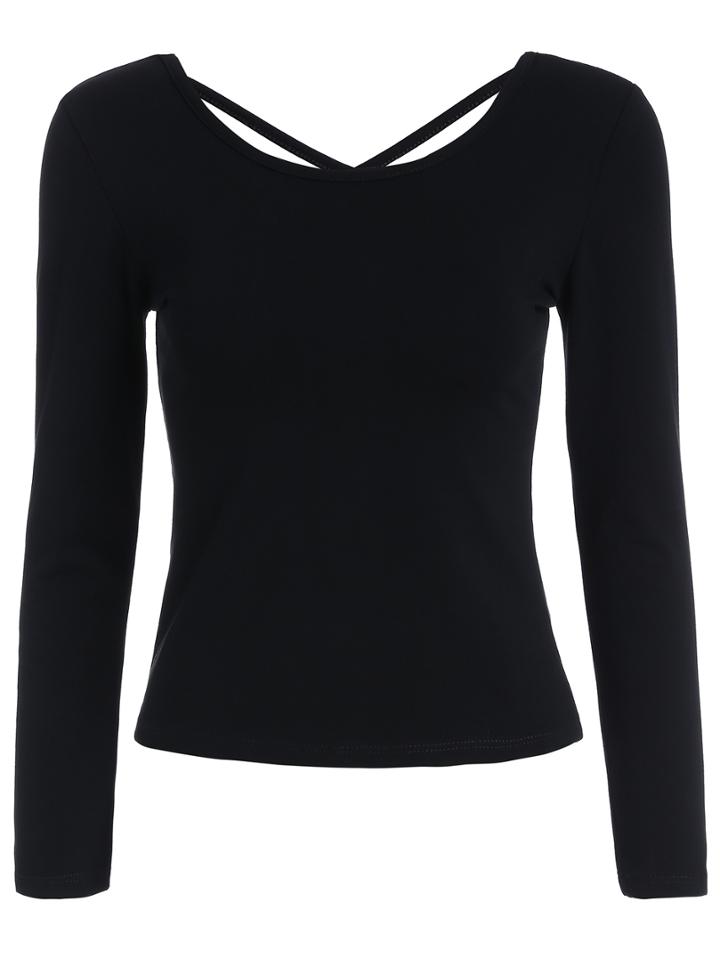 Romwe Long Sleeve Crisscross Back Black T-shirt