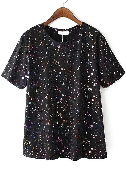 Romwe Speckled Print Side Split Black T-shirt
